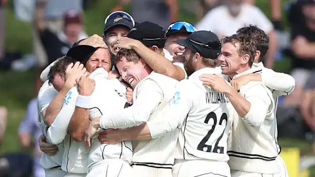 New Zealand celebrate their win on the final wicket during day five of the Second Test Match between New Zealand and England at Basin Reserve 1920x1080