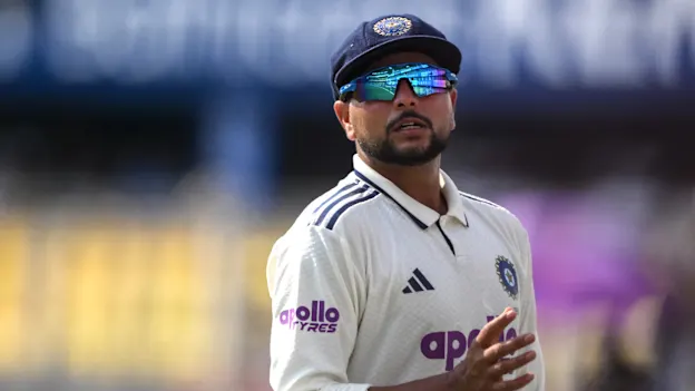 India's Kuldeep Yadav gestures during the first day of the second Test cricket match between India and South Africa