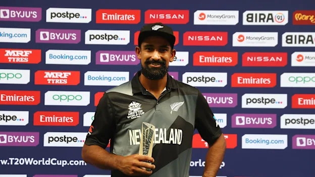 Ish Sodhi of New Zealand poses with the player of the match award after the ICC Men's T20 World Cup match between India and NZ at Dubai International Stadium on October 31, 2021 in Dubai, United Arab Emirates.