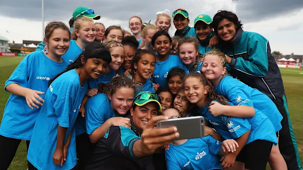 Sana Mir and kids at a Cricket for Good session at ICC Women's World Cup 2017