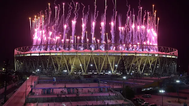 Fireworks explode over the Narendra Modi Stadium