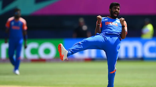 Jasprit Bumrah of India celebrates taking the wicket of Mohammad Rizwan of Pakistan during the ICC Men's T20 Cricket World Cup West Indies & USA 2024 match between India and Pakistan