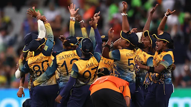 Players of Sri Lanka celebrate following the ICC Women's T20 World Cup group A match between South Africa and Sri Lanka at Newlands Stadium on February 10, 2023 in Cape Town, South Africa.