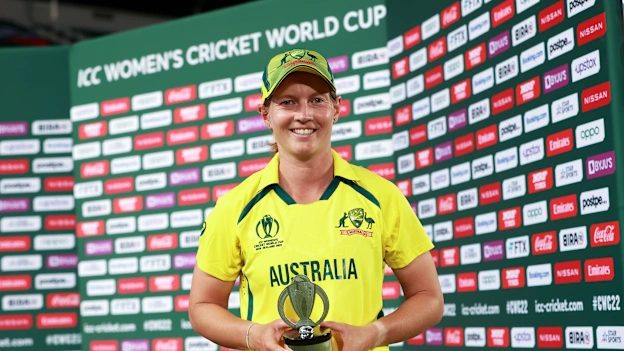 Meg Lanning of Australia holds the Player of the Match trophy during the 2022 ICC Women's Cricket World Cup match between India and Australia at Eden Park on March 19, 2022 in Auckland, New Zealand.