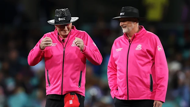 Umpires Paul Reiffel and Paul Wilson share a laugh during the ICC Men's T20 World Cup match between England and Sri Lanka at Sydney Cricket Ground on November 05, 2022 in Sydney, Australia.