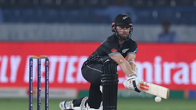 Kane Williamson of New Zealand plays a reverse sweep during the ICC Men's Cricket World Cup India 2023 warm up match between New Zealand and Pakistan at Rajiv Gandhi International Stadium on September 29, 2023 in Hyderabad, India.