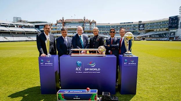 From left to right: Ravi Shastri - ICC Ambassador, Anurag Dahiya - CCO, ICC, Geoff Allardice - CEO, ICC, Yuvraj Narayan - Group Deputy CEO and CFO, DP World, Rashid Abdulla - CEO & MD, Europe, DP World, Daniel van Otterdijk - Group CCO, DP World