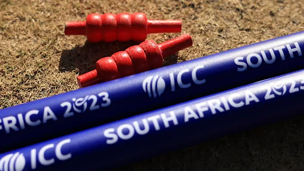 Detailed view of the Match Day Stumps ahead of the ICC Women's U19 T20 World Cup 2023 match between New Zealand and Ireland at JB Marks Oval on January 17, 2023 in Potchefstroom, South Africa.