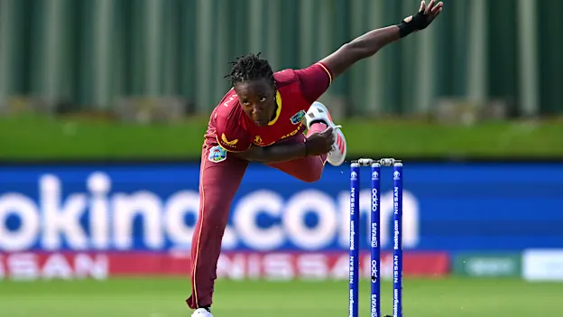 Shakera Selman of West Indies bowls during the 2022 ICC Women's Cricket World Cup match between West Indies and England at University Oval on March 09, 2022 in Dunedin, New Zealand.