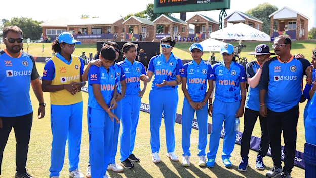 Shafali Verma of India speaks to their side in the huddle during the ICC Women's U19 T20 World Cup 2023 Super 6 match between India and Sri Lanka at JB Marks Oval on January 22, 2023 in Potchefstroom, South Africa.