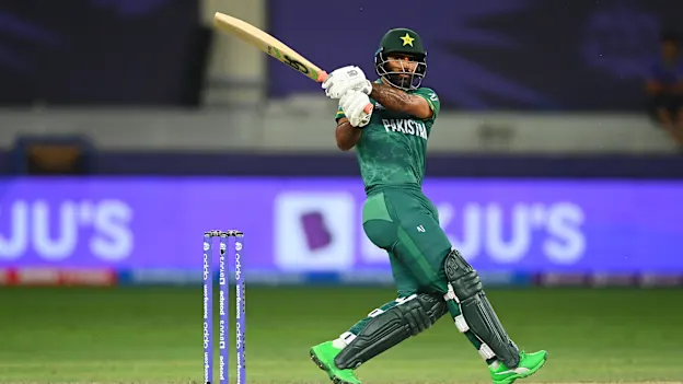 Fakhar Zaman plays a shot during the ICC Men's T20 World Cup semi-final match between Pakistan and Australia 