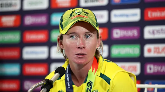 Beth Mooney of Australia looks on as they are interviewed following the ICC Women's T20 World Cup Final match between Australia and South Africa at Newlands Stadium on February 26, 2023 in Cape Town, South Africa.
