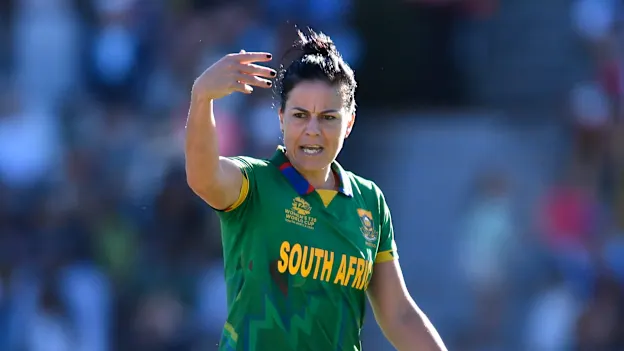 Marizanne Kapp of South Africa reacts during the ICC Women's T20 World Cup Semi Final match between England and South Africa at Newlands Stadium on February 24, 2023 in Cape Town, South Africa.