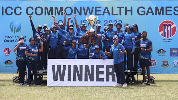 The victorious Sri Lankan team poses with the trophy after winning all four games in the CWG22 Qualifier.