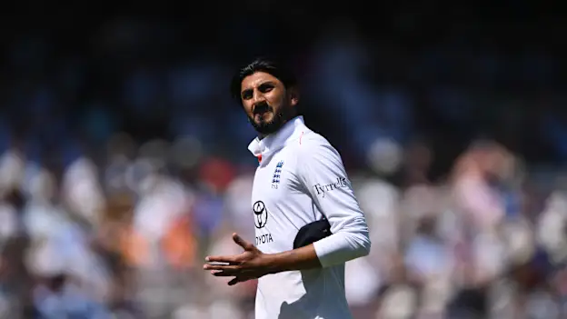 Shoaib Bashir walks off after an injury at Lord's