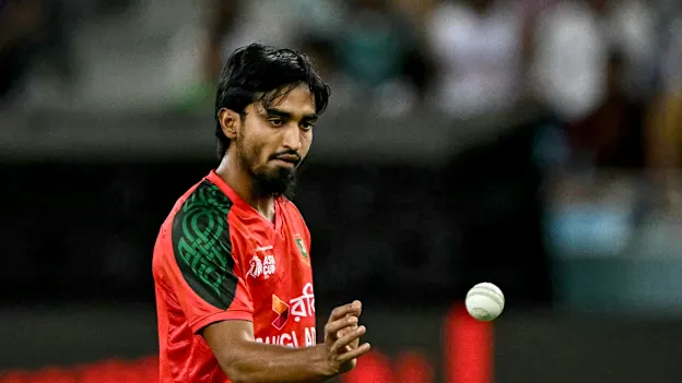 Bangladesh's Tanzim Hasan Sakib prepares to bowl during the Asia Cup 2025 Super Four Twenty20 