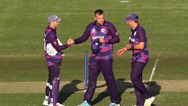 Team Scotland celebrates during the ICC 2022 Men's T20 World Cup Warm Up Match