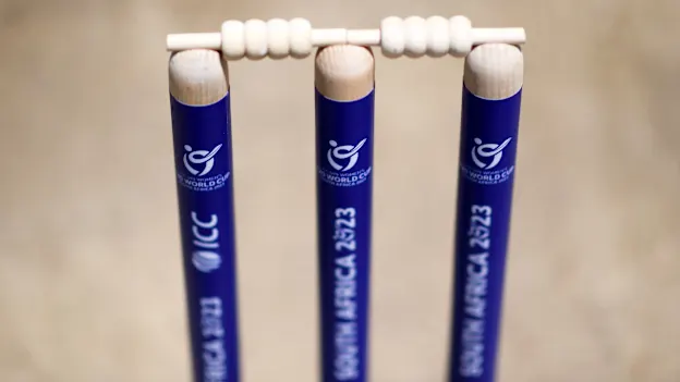 Detailed view of the match day stumps during the ICC Women's U19 T20 World Cup 2023 match between Sri Lanka and USA at Willowmoore Park B Field on January 14, 2023 in Benoni, South Africa.