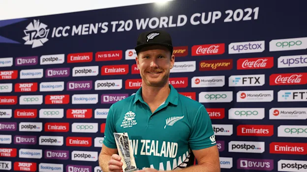 Jimmy Neesham of New Zealand poses after being named Player of the Match following the ICC Men's T20 World Cup match between New Zealand and Namibia at Sharjah Cricket Stadium on November 05, 2021 in Sharjah, United Arab Emirates.