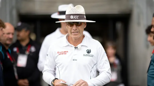 Chris Gaffaney followed by Chris Brown walk to the field at the start of the days play during day 4 of the 2nd international cricket Test match between New Zealand and Pakistan at Hagley Oval in Christchurch on January 6, 2021.