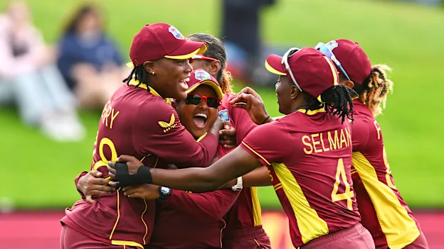 Anisa Mohammed of West Indies celebrates dismissing Sophie Ecclestone of England and winning the game for West Indies during the 2022 ICC Women's Cricket World Cup match between West Indies and England at University Oval on March 09, 2022.