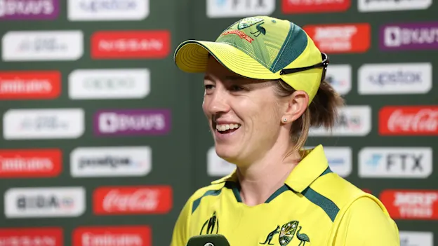 Rachael Haynes of Australia is interviewed with the Player of the Match award after the 2022 ICC Women's Cricket World Cup match between Australia and England at Seddon Park on March 05, 2022 in Hamilton, New Zealand.