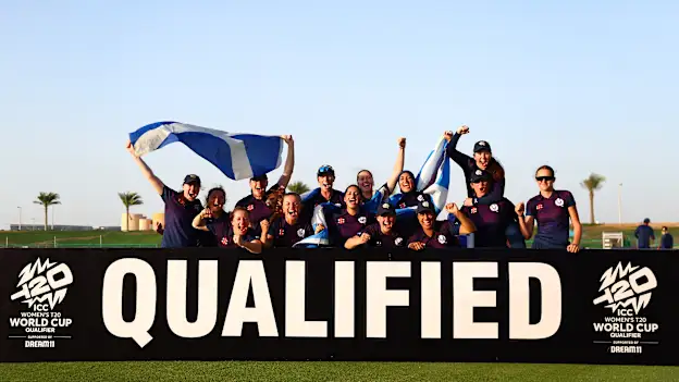 Players of Scotland celebrate victory and qualification following the ICC Women's T20 World Cup Qualifier 2024 Semi-Final match between Ireland and Scotland at Zayed Cricket Stadium on May 05, 2024 in Abu Dhabi, United Arab Emirates.