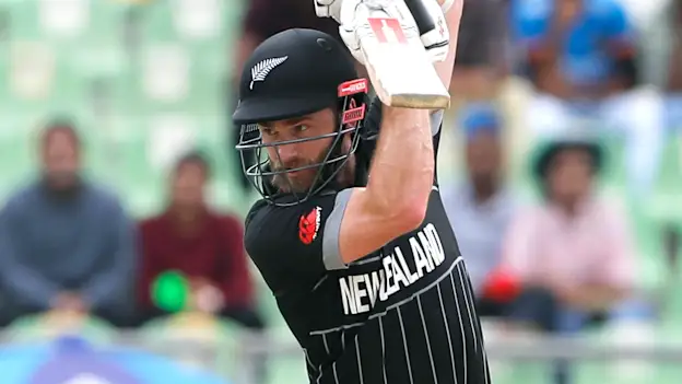 Kane Williamson of the New Zealand play a shot during the ICC Men's Cricket World Cup India 2023 warm up match between New Zealand and South Africa