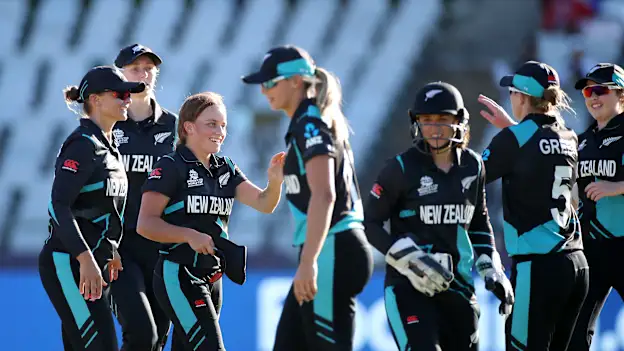 Eden Carson of New Zealand celebrates the wicket of Ritu Moni of Bangladesh during the ICC Women's T20 World Cup group A match between New Zealand and Bangladesh at Newlands Stadium on February 17, 2023 in Cape Town, South Africa.