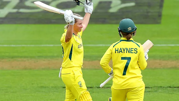 Alyssa Healy of Australia celebrates her century