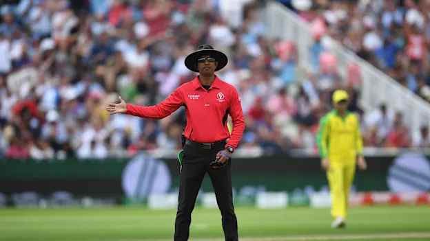 Umpire Dharmasena signals a no ball during the Semi-Final match of the ICC Cricket World Cup 2019 between Australia and England at Edgbaston on July 11, 2019 in Birmingham, England.