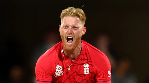 Ben Stokes of England celebrates after taking the wicket of Kane Williamson of New Zealand during the ICC Men's T20 World Cup match between England and New Zealand 1920x1080