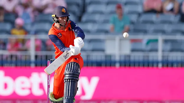 Netherland's Scott Edwards looks at the ball during the second one-day international (ODI) cricket match between South Africa and Netherlands at Wanderers Stadium in Johannesburg on April 2, 2023.
