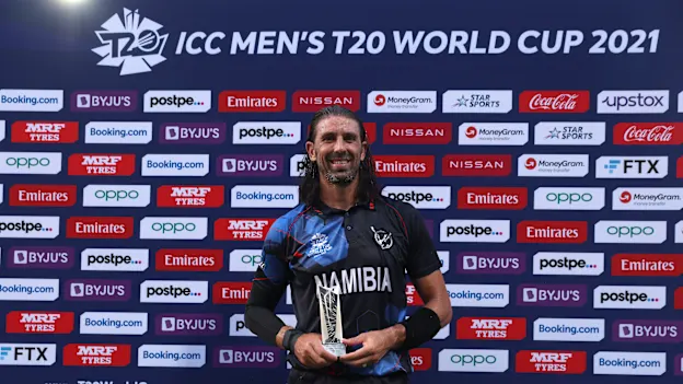 David Wiese of Namibia pictured with the 'Player of the Match' award after the ICC Men's T20 World Cup match between Namibia and Ireland at Sharjah Cricket Stadium on October 22, 2021 in Sharjah, United Arab Emirates.