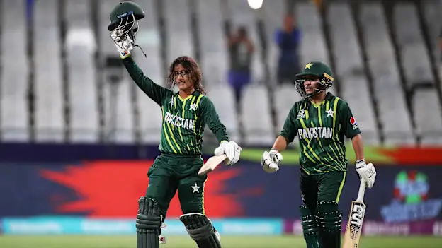 Muneeba Ali of Pakistan celebrates their century during the ICC Women's T20 World Cup group B match between Pakistan and Ireland at Newlands Stadium on February 15, 2023 in Cape Town, South Africa.