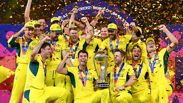 Pat Cummins of Australia lifts the ICC Men's Cricket World Cup Trophy following the ICC Men's Cricket World Cup India 2023 Final between India and Australia at Narendra Modi Stadium on November 19, 2023 in Ahmedabad, India.