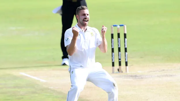 Anrich Nortje celebrates after picking up a wicket