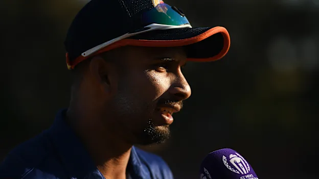 Dasun Shanaka of Sri Lanka is interviewed prior to the ICC Men's Cricket World Cup Qualifier Zimbabwe 2023 Super 6 match between Zimbabwe and Sri Lanka at Queen’s Sports Club on July 02, 2023 in Bulawayo, Zimbabwe.