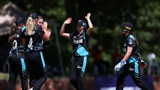 Emma McLeod of New Zealand celebrates the wicket of Thersiana Penu Weo of Indonesia with team mate Tash Wakelin during the ICC Women's U19 T20 World Cup 2023 match between New Zealand and Indonesia.