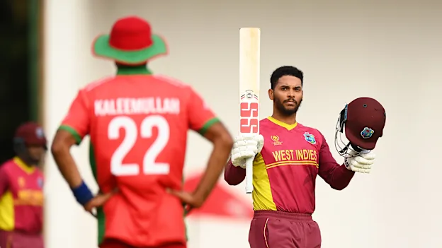 Brandon King of West Indies celebrates their century during the ICC Men's Cricket World Cup Qualifier Zimbabwe 2023 Super 6 match between West Indies and Oman at Harare Sports Club on July 05, 2023 in Harare, Zimbabwe.