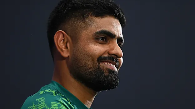 Babar Azam of Pakistan looks on as they are interviewed during the ICC Men's Cricket World Cup India 2023 India & Pakistan Net Sessions at Narendra Modi Stadium