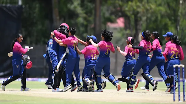 Players of UAE celebrate following the ICC Women's U19 T20 World Cup 2023 match between UAE and Scotland at Willowmoore Park B Field on January 14, 2023 in Benoni, South Africa.