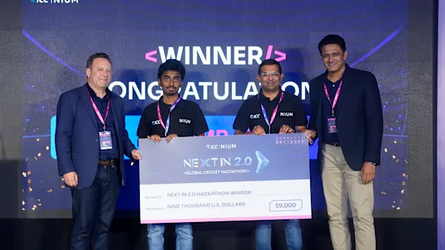 Winning team StumpEye with Hackathon Ambassador Anil Kumble and ICC Head of Digital Finn Bradshaw