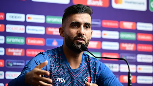 Hashmatullah Shahidi of Afghanistan speaks during a press conference prior to a India & Afghanistan Net Sessions on October 10, 2023 in Delhi, India.