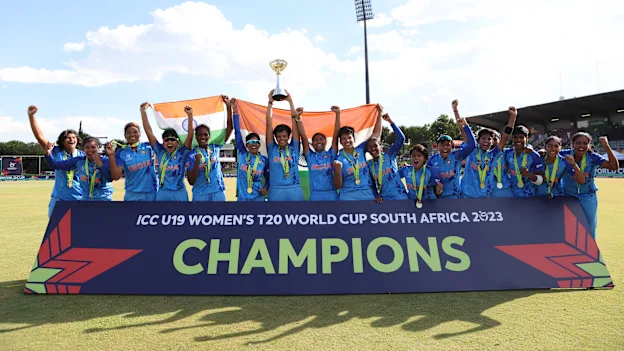 Shafali Verma of India lifts the ICC Women's U19 T20 World Cup Trophy following the ICC Women's U19 T20 World Cup 2023 Final match between India and England at JB Marks Oval on January 29, 2023 in Potchefstroom, South Africa.