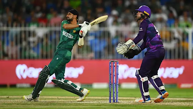 Shoaib Malik of Pakistan plays a shot as Matthew Cross of Scotland keeps during the ICC Men's T20 World Cup match between Pakistan and Scotland at Sharjah Cricket Stadium on November 07, 2021 in Sharjah, United Arab Emirates.