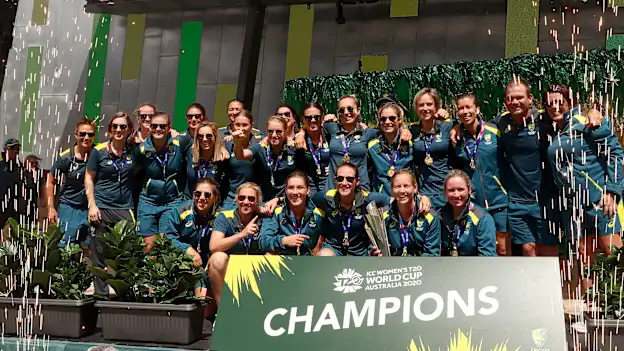 The Australian Women's T20 World Cup team celebrate after winning the ICC Women's T20 World Cup Final, at Federation Square on March 09, 2020 in Melbourne, Australia.