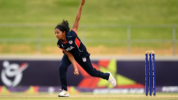 Isani Vaghela of USA in bowling action during the ICC Women's U19 T20 World Cup 2023 4th place playoff match between USA and Scotland at Willowmoore Park on January 20, 2023 in Benoni, South Africa.