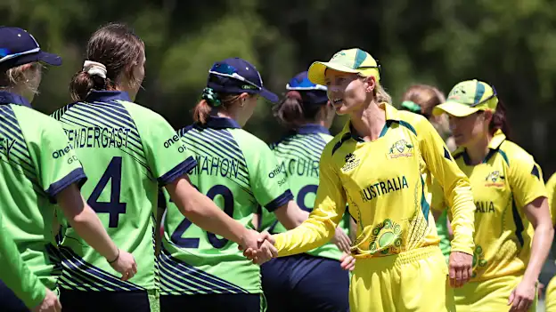 Meg Lanning of Australia and Orla Prendergast of Ireland shake hands following a warm-up match between Ireland and Australia prior to the ICC Women's T20 World Cup South Africa 2023 at Stellenbosch University 1 on February 08, 2023.