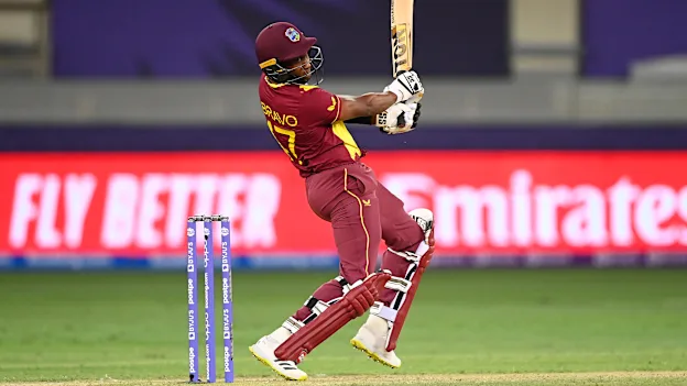 Dwayne Bravo of West Indies during the ICC Men's T20 World Cup match between England and Windies at Dubai International Stadium on October 23, 2021 in Dubai, United Arab Emirates.